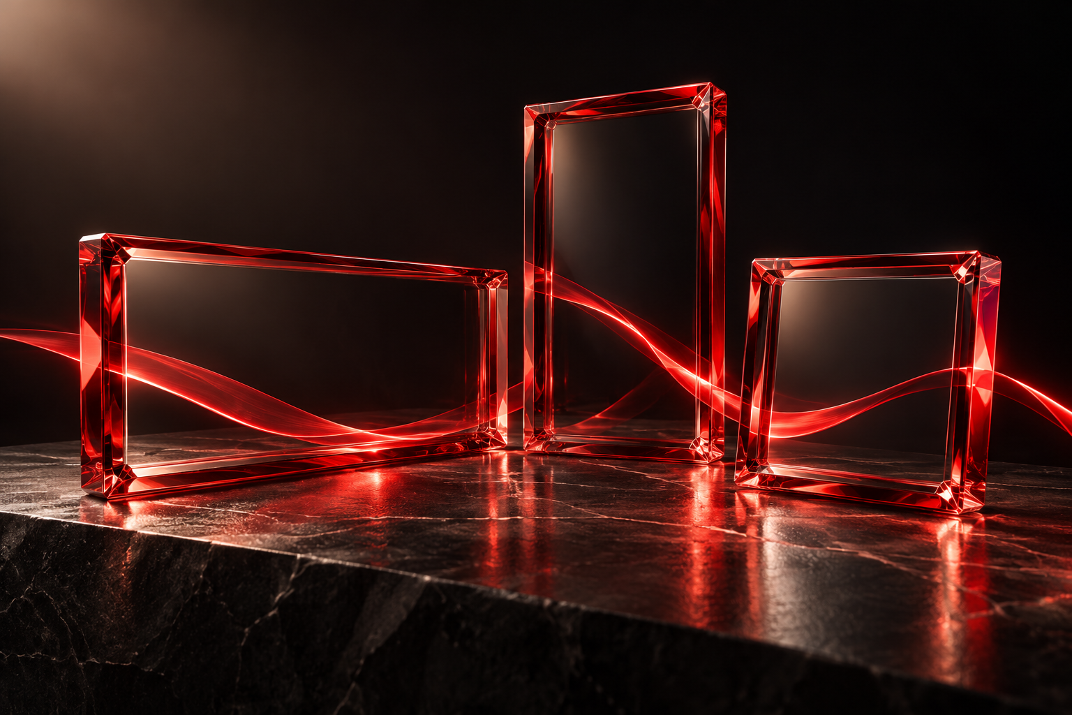 Ruby glass frames representing film, social video and editorial formats